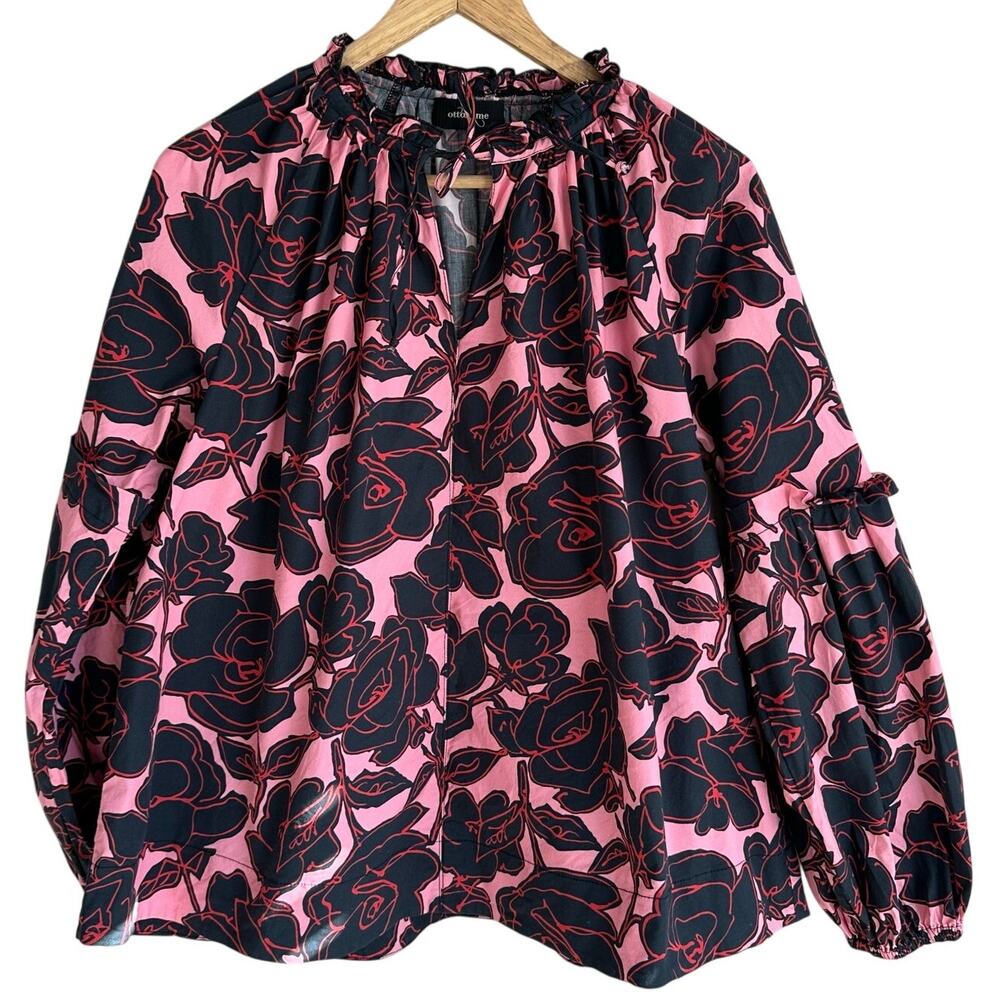 Ottod'Ame Floral Long Sleeve Tie Neck Cotton Spandex Blouse 8